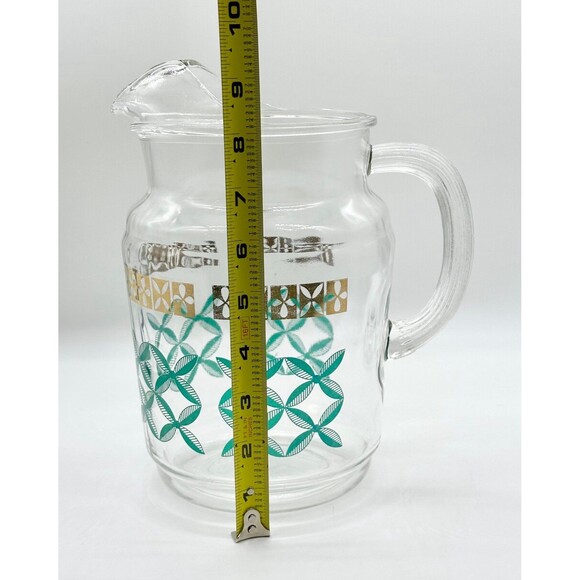 Vintage MCM Federal glass juice carafe jug pitcher gold trim teal green design - Picture 8 of 9